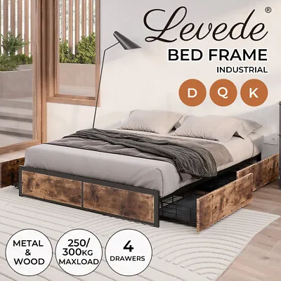 $249.99 • Buy Levede Metal Bed Frame Double Queen King Industrial Wooden Mattress Base 4Drawer