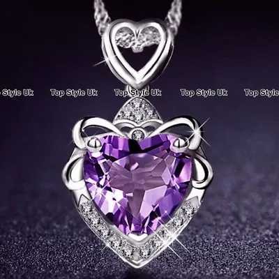 Heart Amethyst 925 Silver Necklace Presents Gifts For Her Girlfriend Women J499A • £7.95