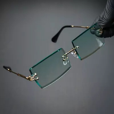 Turquoise Gradient Tint Rimless Rectangle Gold Frame Mens Summer Sunglasses • $11.99