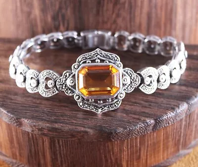 MT Signed Art Deco Style Citrine And Marcasite Bracelet Sterling Silver Size 7.5 • $39.95