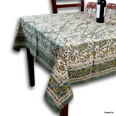 Floral Block Print Cotton Round Tablecloth Rectangle 60x90 Green Yellow Linen • $9.86