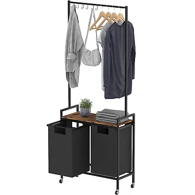 Rolling Laundry Basket Organizer Cart With Hanging Bar Clothes Hampers W/Wheels • $54.99