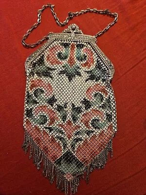 Antique 1920's Whiting & Davis Enamel Mesh Purse Multicolor Filigree Clasp • $47