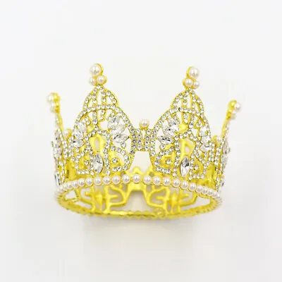 Mini Crystal Kids Round Tiara Crown For Girls Cake Topper Gold Silver 2 Colors • $15.99