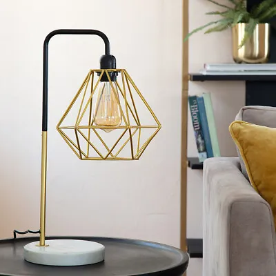 £31.99 • Buy Industrial Table Lamp Geometric Cage Shade Marble Base Lounge Light Lighting 