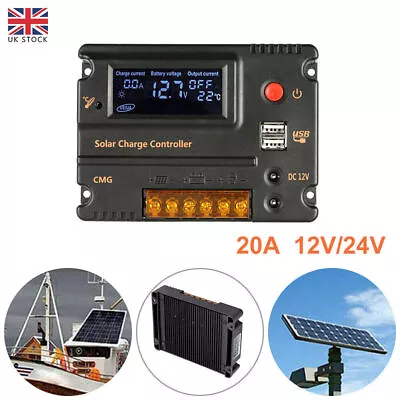 £25.40 • Buy 12/24V Solar Panel 20A CMG WPC Solar Charge Controller Battery Regulator USB UK