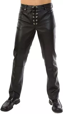 Mens Real Leather Motorcycle Side And Front Laces Up Bikers Pants Trousers Jeans • $129.99