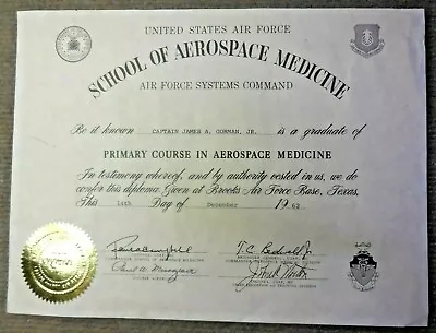 1962 USAF School Of Aerospace Medicine Primary Course Certificate Brooks AFB TX • $14.99