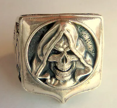 Vintage Grim Reaper Skull Serpent Snake Sterling Ring Size 7 • $250