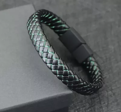 Classic Black With Green Leather Bracelet Men Woman Magnetic Clasp Bangle 20.5cm • £4.95