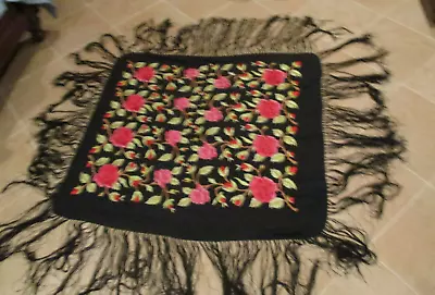 Large Vintage Embroidered 72x70 Piano Scarf Shawl Wrap Silk Red Pink Rose Fringe • $177.99