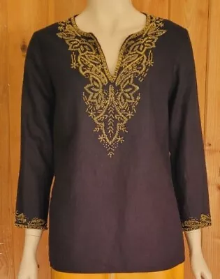MICHAEL Michael Kors Black Gold Embroidered 3/4Sleeve TunicBlouse Sz S 100%Linen • $16