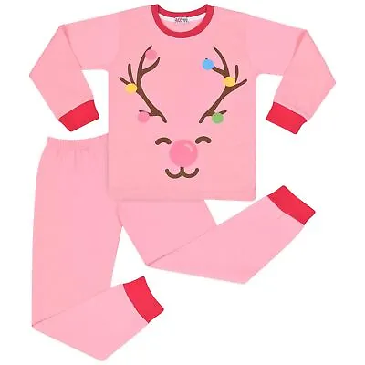 £9.99 • Buy Kids Girls Christmas Pyjamas Reindeer Print Pink PJs 2 Piece Xmas Lounge Suit