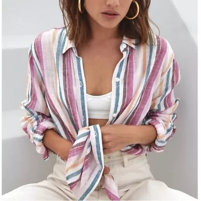 Rails Womens Sydney Sahara Stripe White Pink Shirt Blouse Top Linen Blend XXS • $18.99