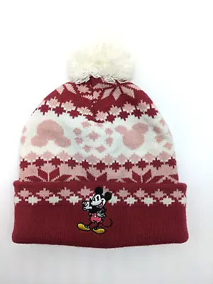 DISNEY Mickey Mouse Women's Beanie Winter Hat With Pom Pom -Mauve/White • $12