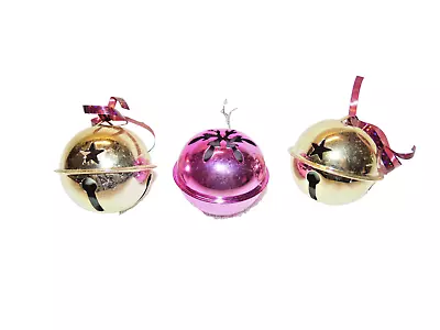 3 Vintage Gold & Pink Metal Star Jingle Bell Ornaments #B • $7.50