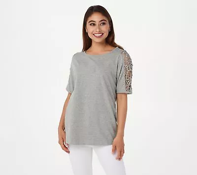 Quacker Factory Women's Top Sz S Lace Sleeve Knit T-shirt Faux Gray A308121 • $20.58