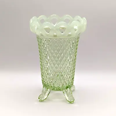 Vaseline Glass Footed Spooner Diamond Pattern Lace Rim Opalescent Celery Green • $49.95