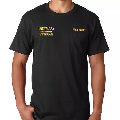 Black T-shirt With Pocket / Pocket Tee With VIETNAM VETERAN Embroidered • $29.77