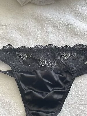 Victorias Secret Second Skin Satin Lace Thong Bikini Panties L Large Black • $27