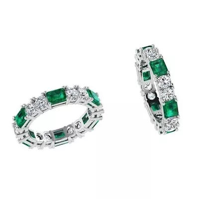 Simulated Columbian Emerald Eternity Band 925 Fine Silver Handmade Estate Bijoux • $231.40