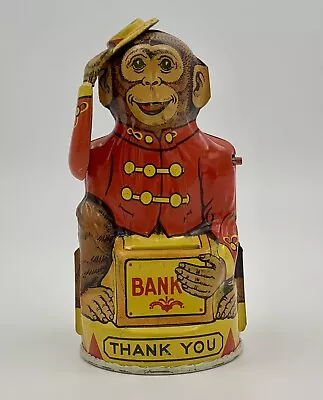 Vintage Movable Tin Monkey Tipping Hat Coin Bank - J. Chein Co. 1940's • $60