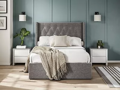 Double Bed Fabric Bedframe Ottoman  - Dark Grey - Linen • £554.40