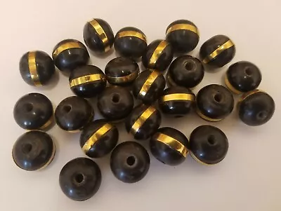 25 Pcs VTG 16mm Round Black & Gold Brass Genuine Bone Horn Craft Jewelry Beads • $12.99