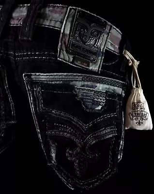 $220 Mens Rock Revival Collectors Edition  Fincher  Camo Black Leather Shorts 36 • $119.99