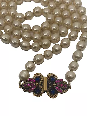 Sign Miriam Haskell Huge Pearl Baroque FuchsiaBlue Glass Stone Necklace Jewelry • $113.50