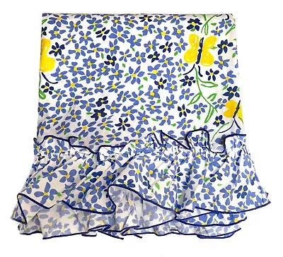 Vintage 1971 J P Stevens Yellow Blue Butterflies Floral Ruffled Queen Flat Sheet • $10