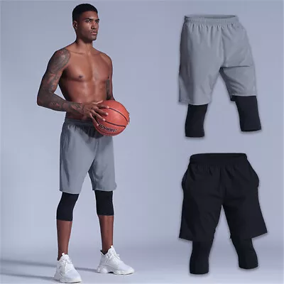 Mens GYM 3/4 Leggings With Shorts Compression Sports Cropped Pant Tight Trouser • $31.07