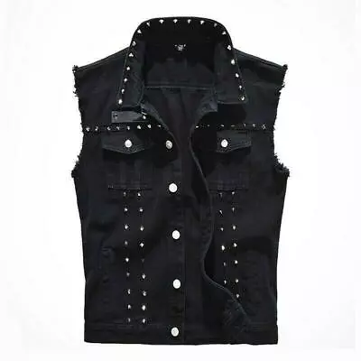 Mens Studded Denim Vest Sleeveless Biker Gilet Jacket Shirt Waistcoat Jeans Punk • $64.67