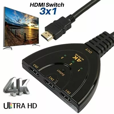 3 Port Multi Switch Splitter Hdmi Cable Box Hub Switcher Lcd Hdtv Ps3 Xbox 4k*2k • £3.99