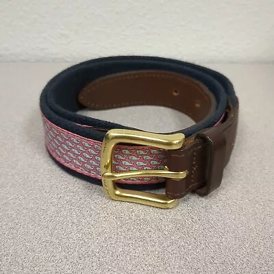 Vineyard Vines Belt 32 Whale Brown Leather Canvas Pink/Navy Blue Made In USA • $14.99