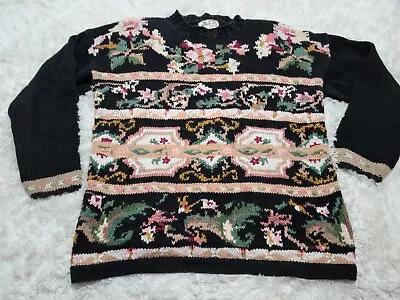 Heirloom Collectibles Embroidered Floral L Sweater Mock Neck Shoulder Pads VTG  • $24.95