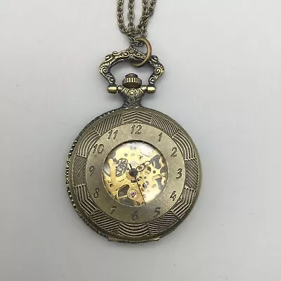 Skeleton Pocket Watch Gold Tone 45mm With Chain Manual Wind • $18.74