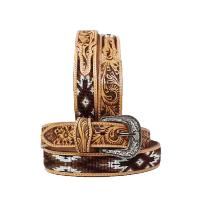 Challenger Men's Western Floral Tooled Brown Beaded Leather Belt 26RT19 • $64.95