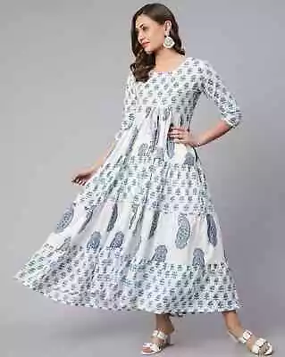 Indian Women White Blue Floral Printed Rayon A-Line Flared Kurta Kurti New Dress • $43.99