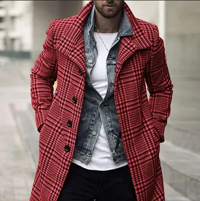 Men's Plaid Coat Lapel Coat Fashionable Midlength Coat Lapel Plaid Coat • £52.99