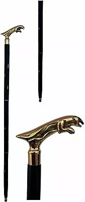 Vintage Antique Walking Cane Wooden Walking Stick Black Jaguar Brass Handle Gift • $32.26