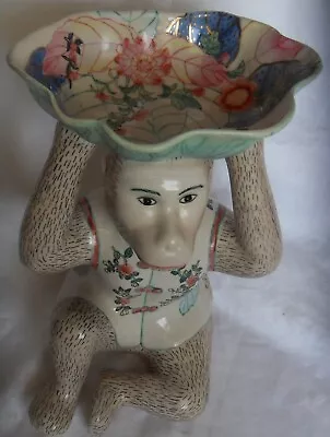 Vintage Chinoiserie Monkey Hand Painted W/Catch Bowl Lotus Dish Figurine 11.5  • $225