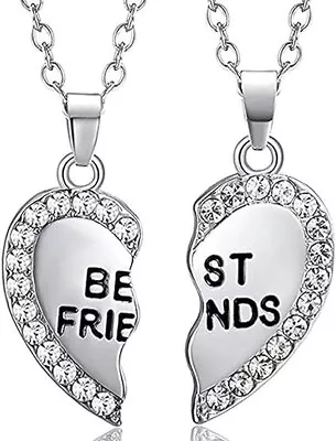 Silver Broken Heart Best Friend Rhinestone 2 Pcs Friendship Necklace Gift UK • £3.49