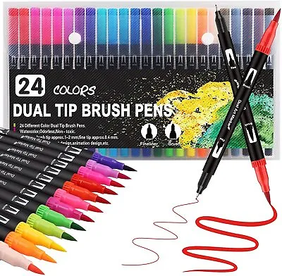 £10.99 • Buy 24 Colour Brush Pens Set Dual Tips Soft Fine Art Markers Drawing Watercolour NEW