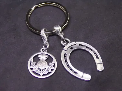 £4.95 • Buy Lucky Horseshoe Keyring Gift For Good Luck With Scottish Thistle Charm (NC)