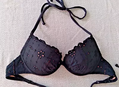 H&M 32B Black Eyelet Bikini Swim Top Bra Ruffle Edge String Ties Molded Push Up • $8.90