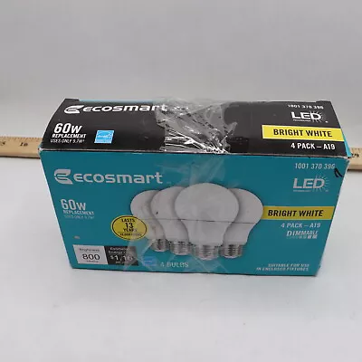 (2-Pk) EcoSmart Dimmable LED Light Bulb Bright White A19 60W 1001 370 396 • $4.02