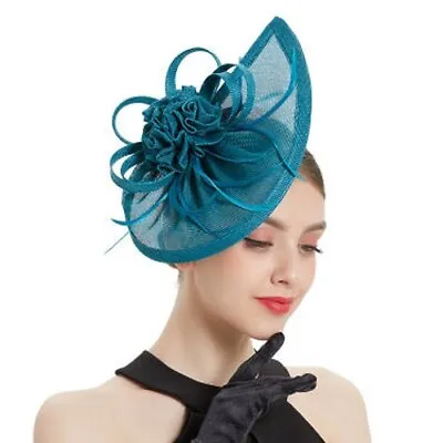$44.99 • Buy Stunning Teal Sinamay Fascinator With Matching Feathers & Flower On Headband