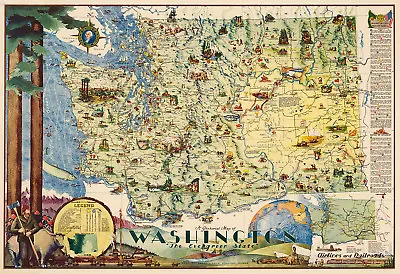 Mid-century Pictorial Map Of Washington The Evergreen State Wall Poster Vintage • $13.95
