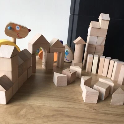 £3.99 • Buy Mix Wooden Children’s  Bundle Natural Building Bricks & Pull Along Fish & Dog